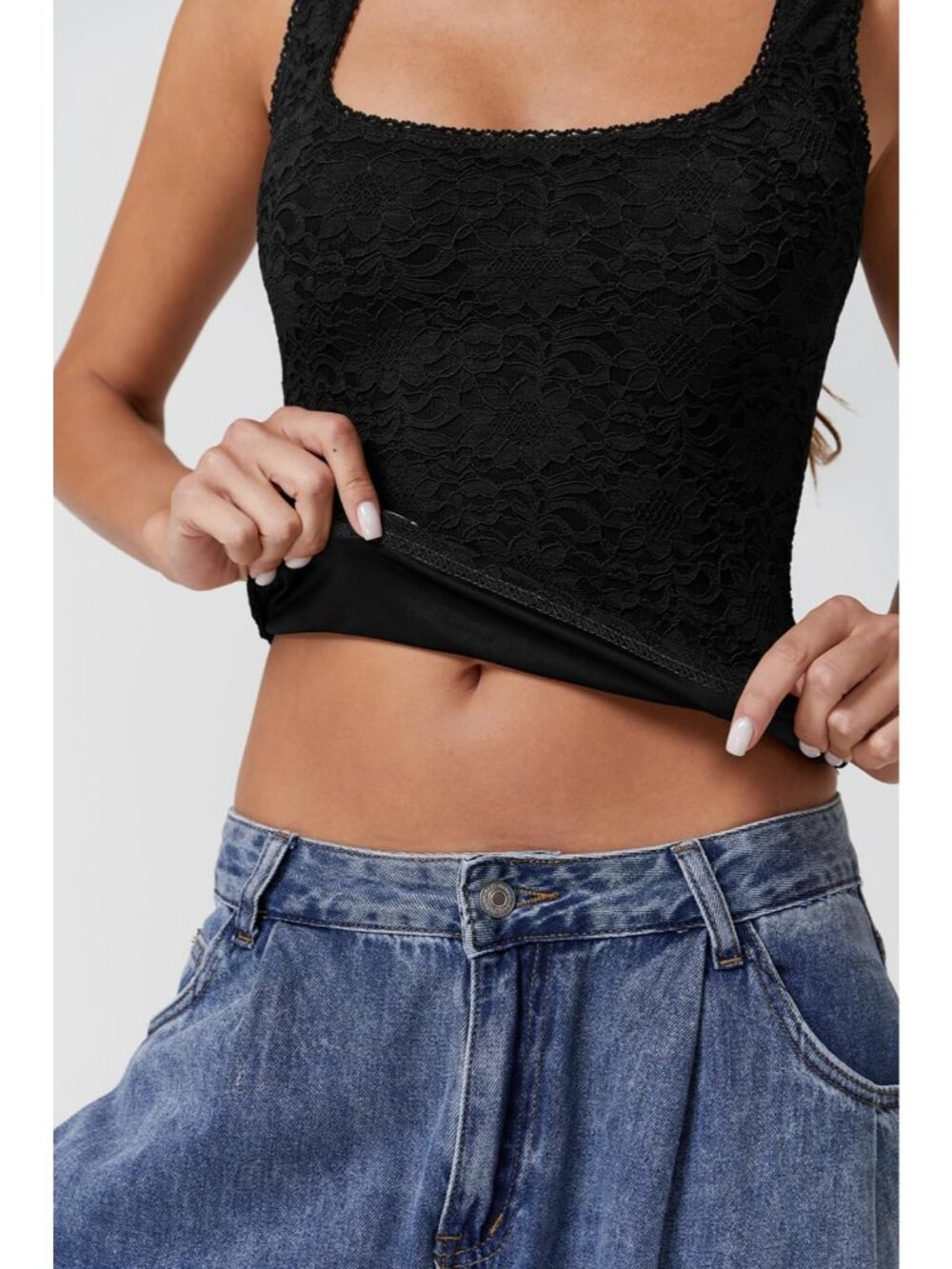 Women's Black Sleeveless Lace Trim Square Neck Double Layer Tank Tops - Picture 3 of 6
